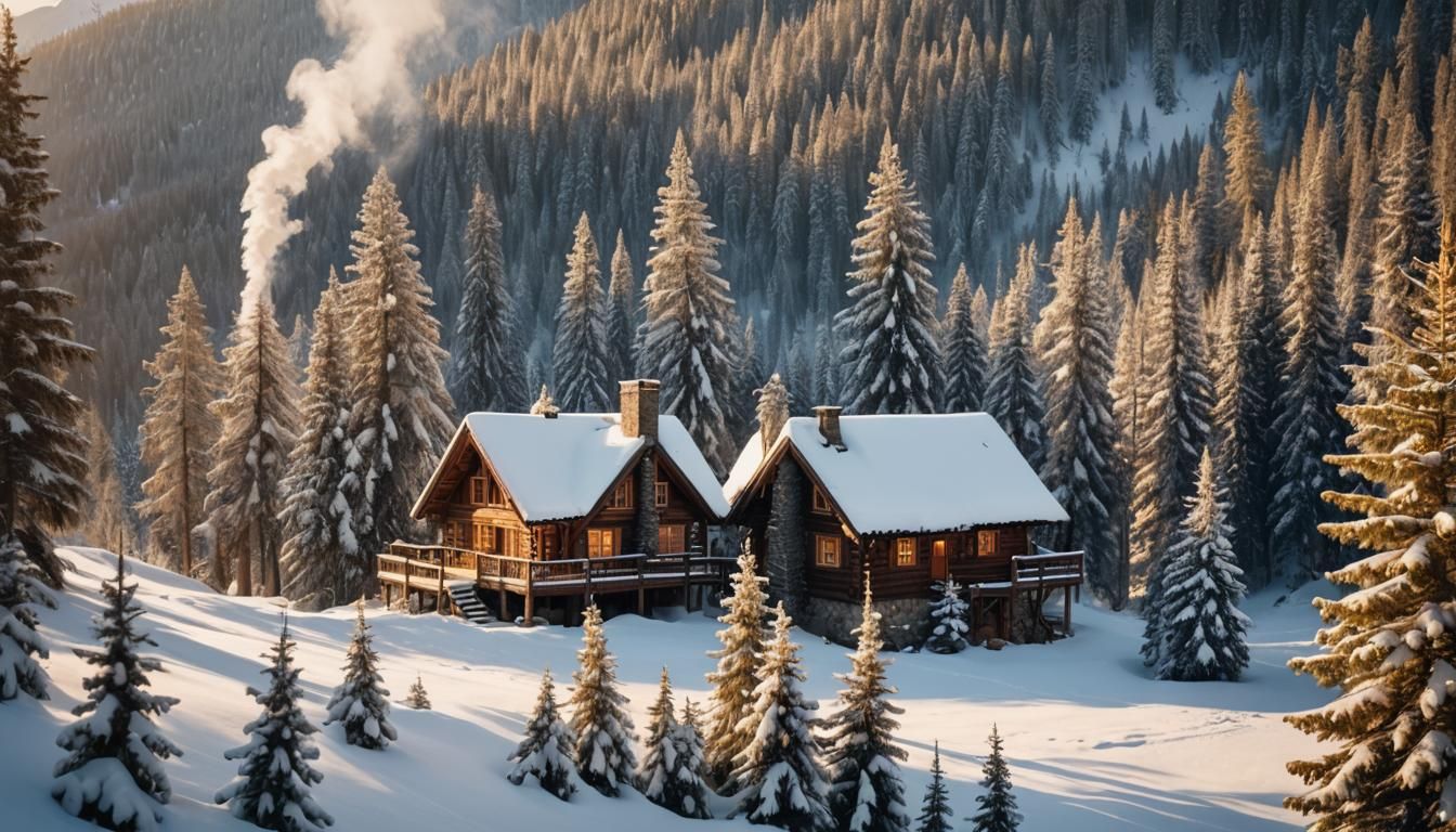 Winter Cabin in Snowy Landscape: Bierstadt Style
