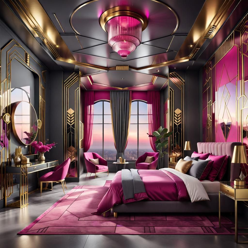 A large bedroom design in the style of Art Deco with geometric patterns and motifs, The room is made of iron grey metal ...