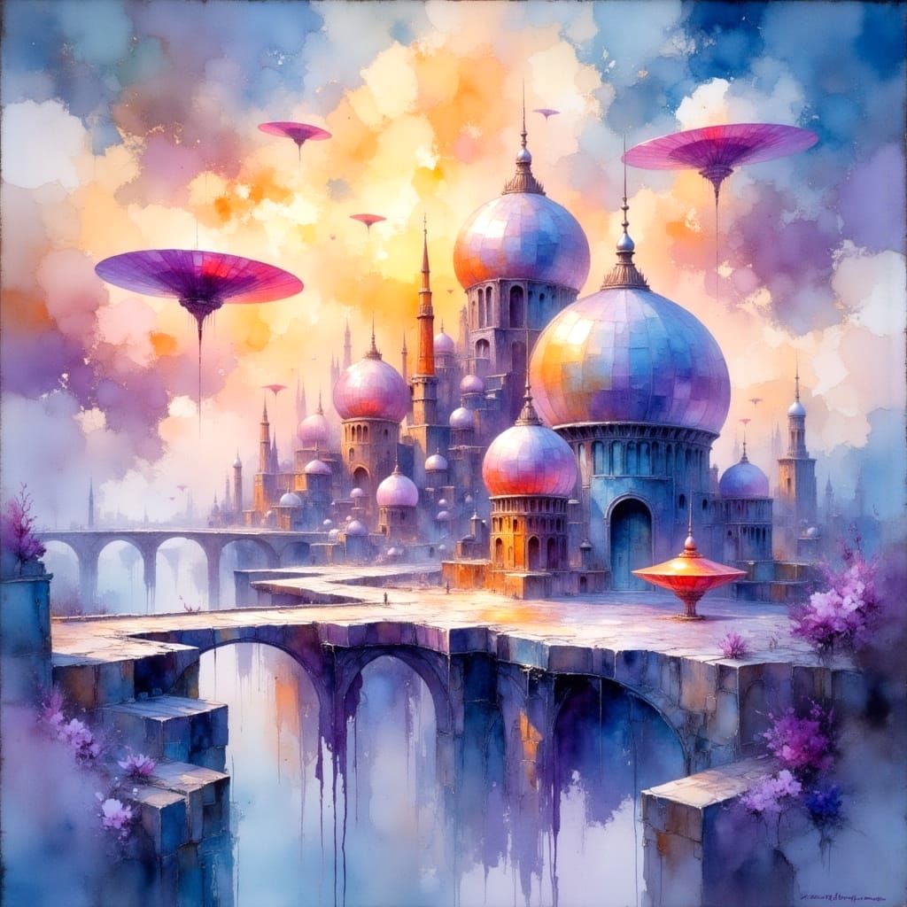 Glowing Futurist Cityscape in Vibrant Watercolour Oil Painti...