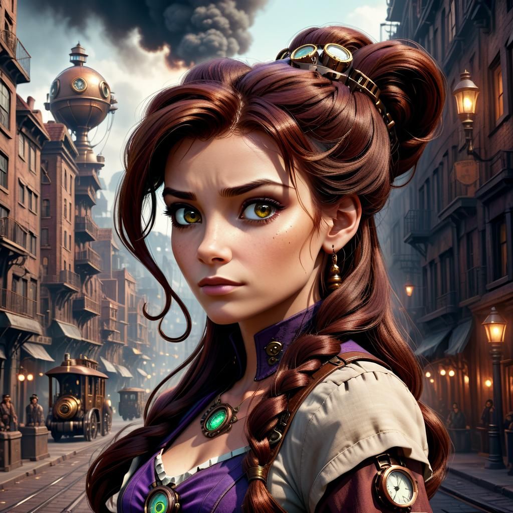 Steampunk Megara Portrait in Dystopian City