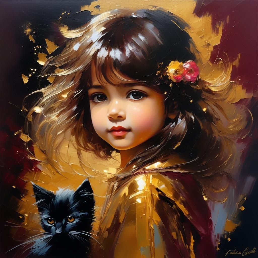 Child and Cat in Velvet Tones, Oil on Relief