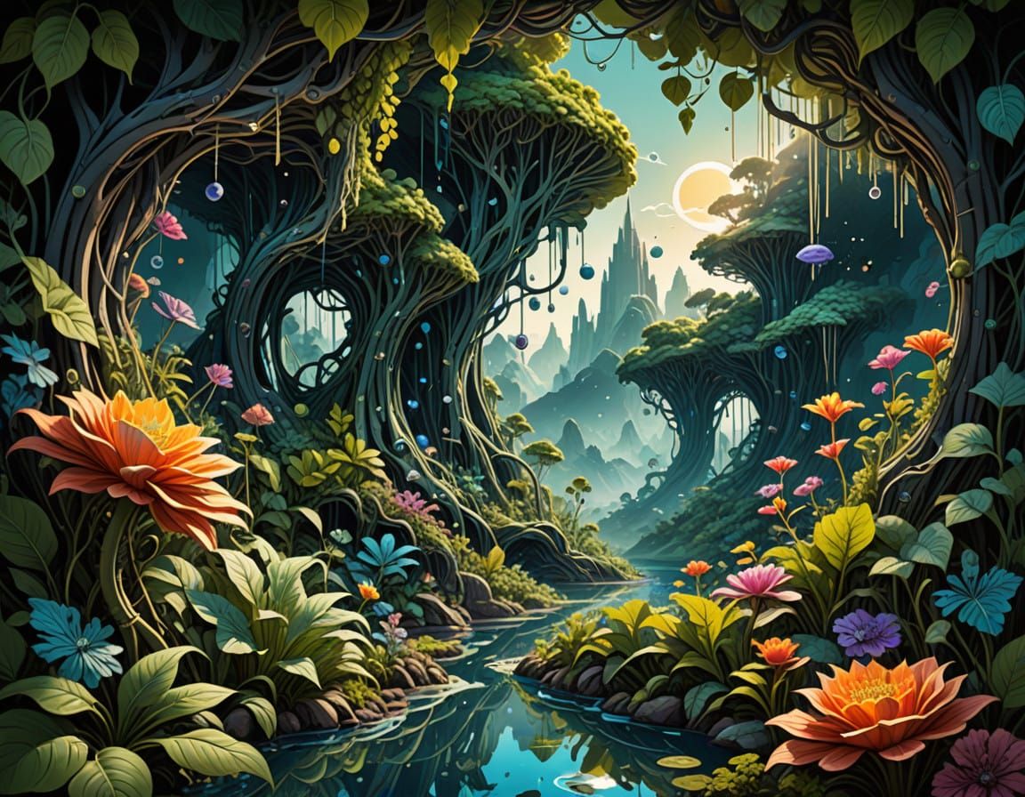 Whimsical, Bioluminescent Garden Blooms in Vibrant, Iridesce...