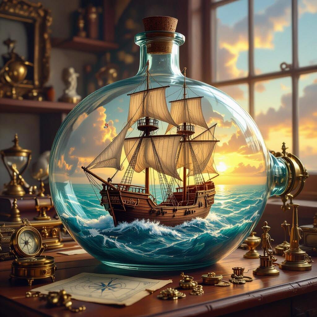 Fantastical Still Life: Ship in a Bottle on Desk