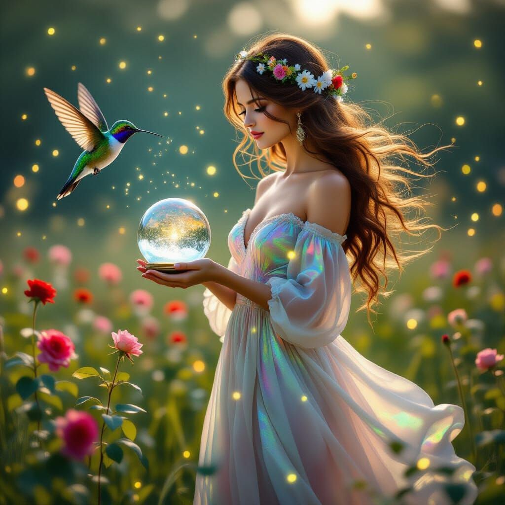 Woman in Firefly Meadow with Snow Globe