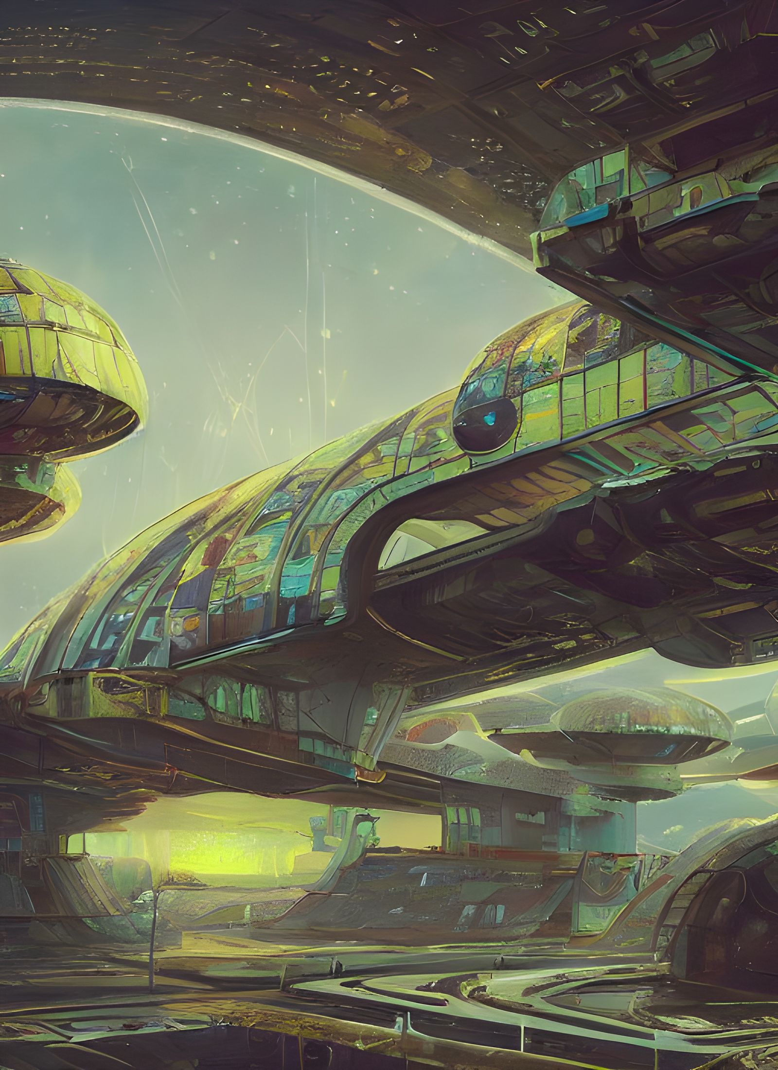 Cosmic Post-Apocalyptic Airport in Art Nouveau Style