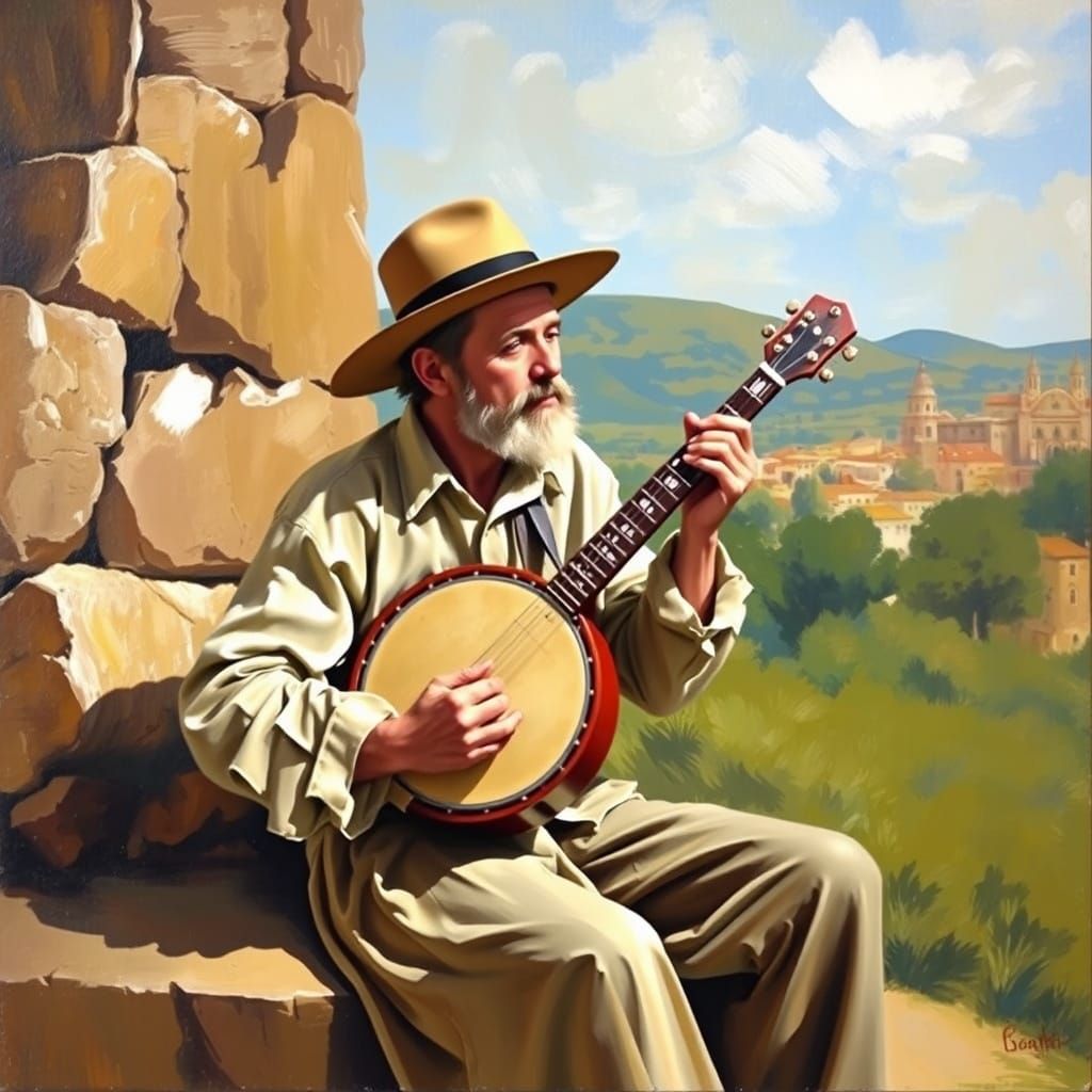 Tour Guide Strums Banjo in Andalusian Landscape