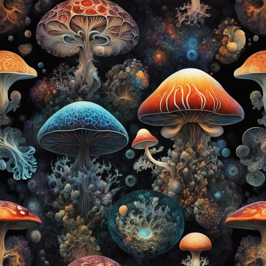 Fractal Mushroom Caps in Cyberpunk Surrealism