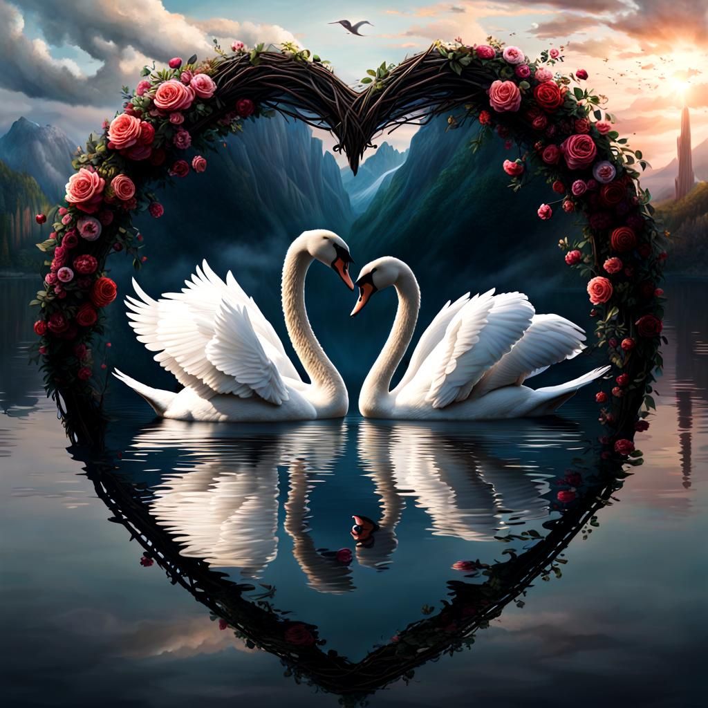 Elegant Swans Form Heart Shape: Digital Matte Painting