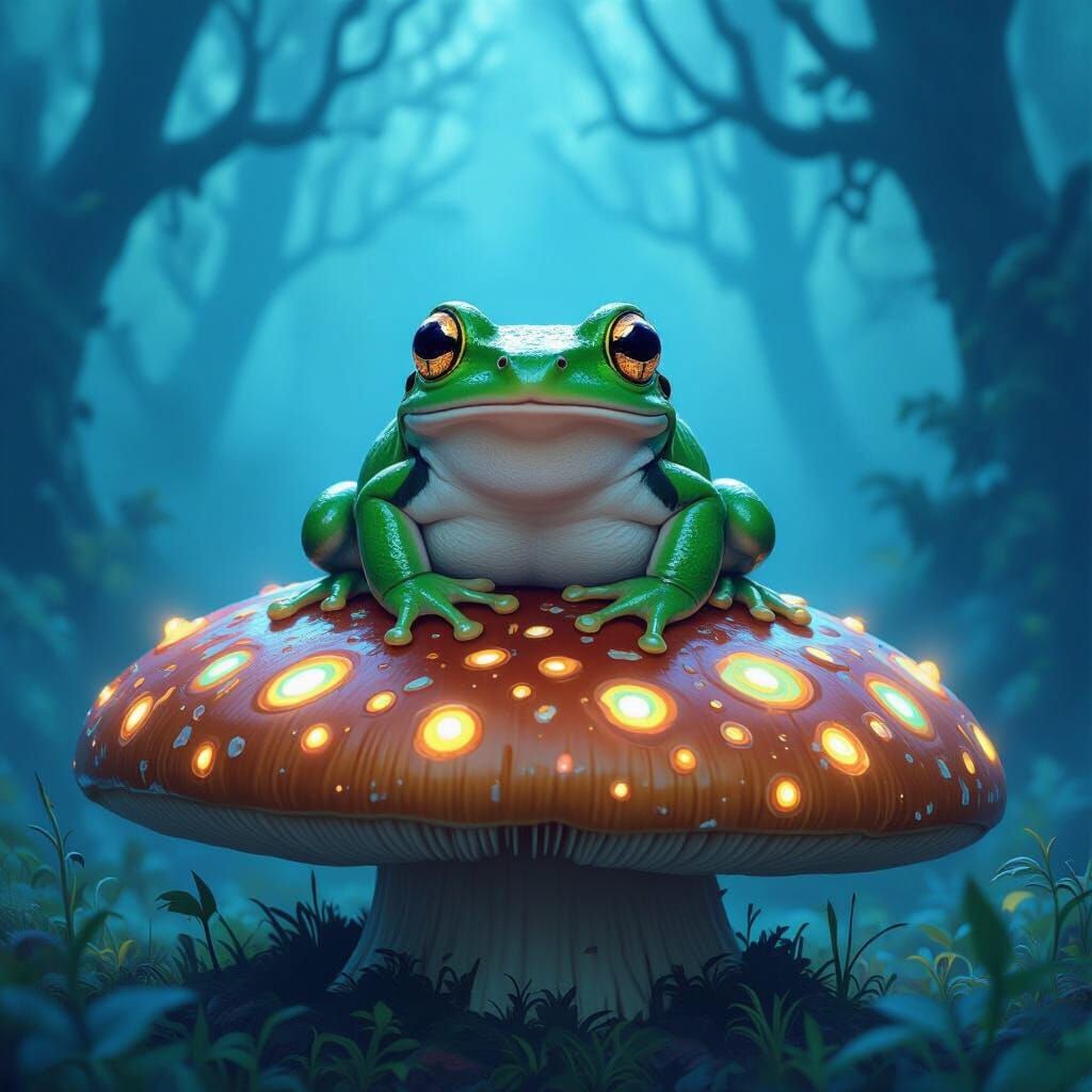 Mystical Emerald Frog on Luminous Mushroom in Foggy Forest