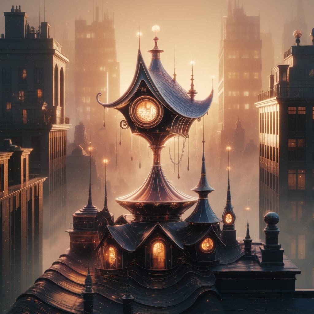 Futuristic Birdhouse on City Roof in Surreal Style