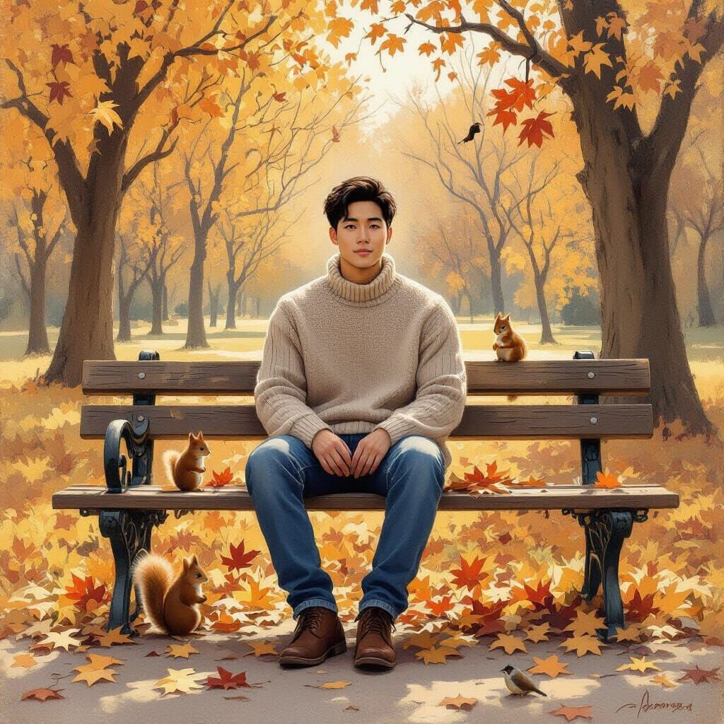 Asian Man in Autumn Park, Oil Painting Style