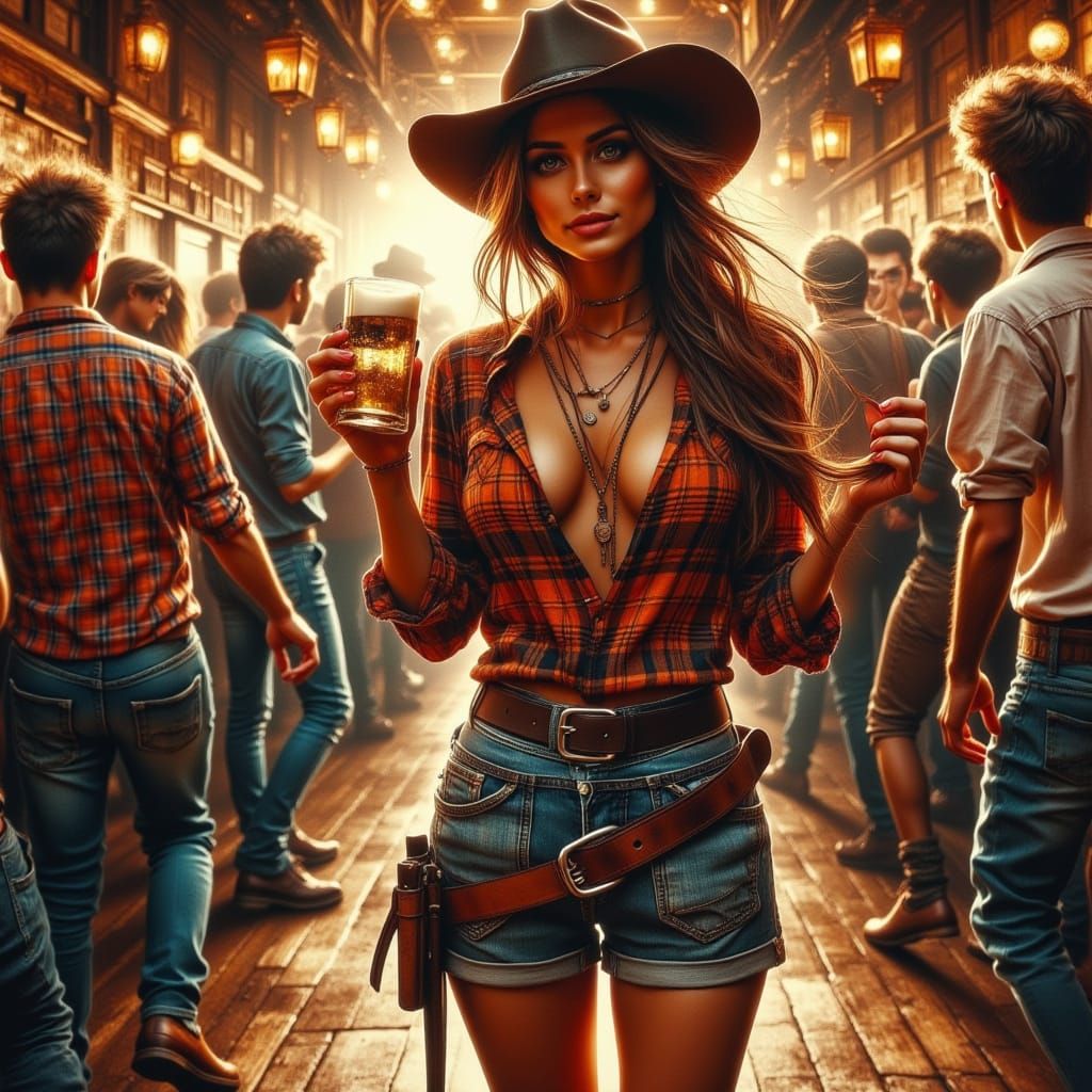 Tavern Scene with Woman, in Rustic Art Style