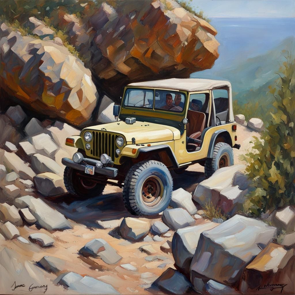Jeep Conquers Rocks: An Oil Painting