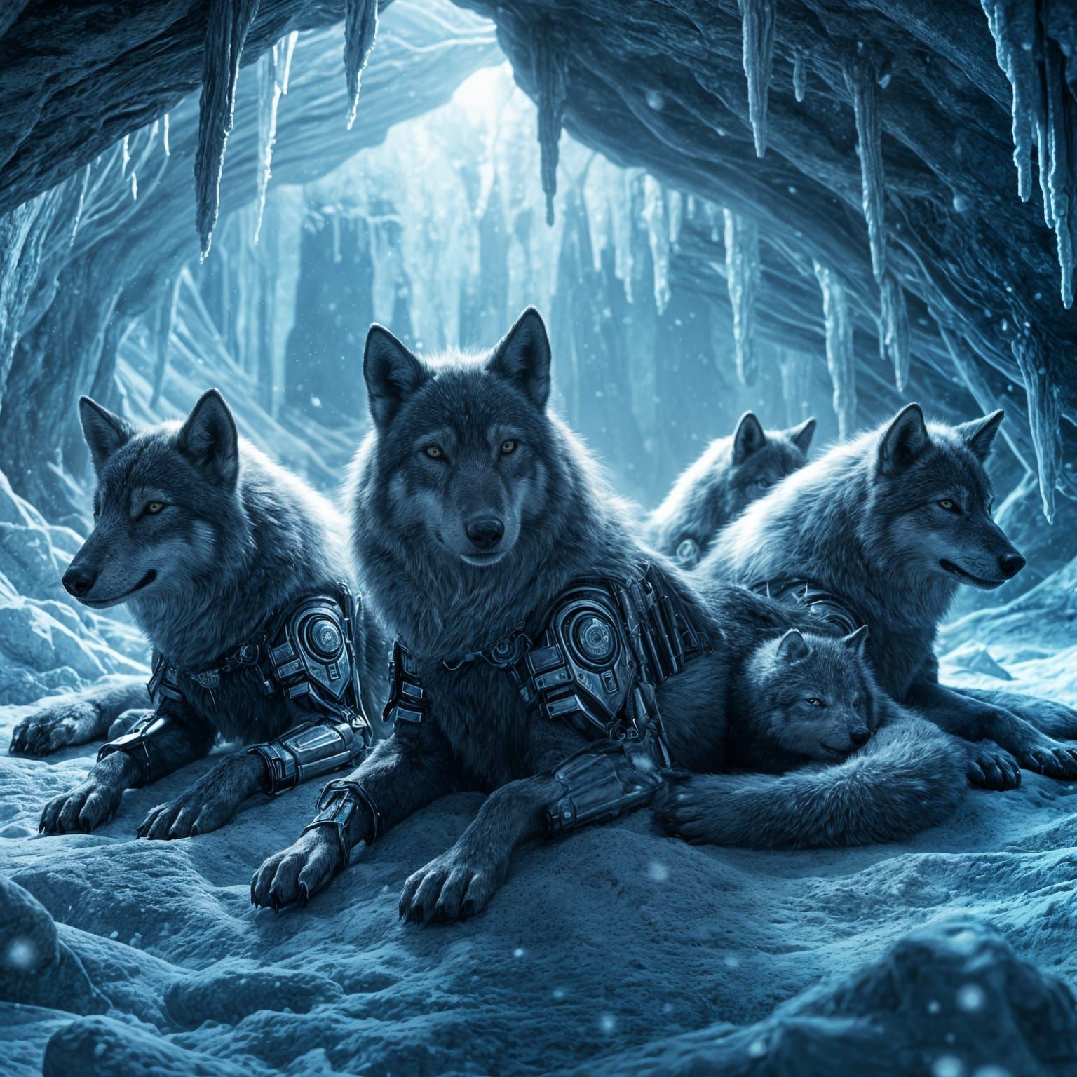 Wolves in Cave with Sci-Fi Mechanical Details