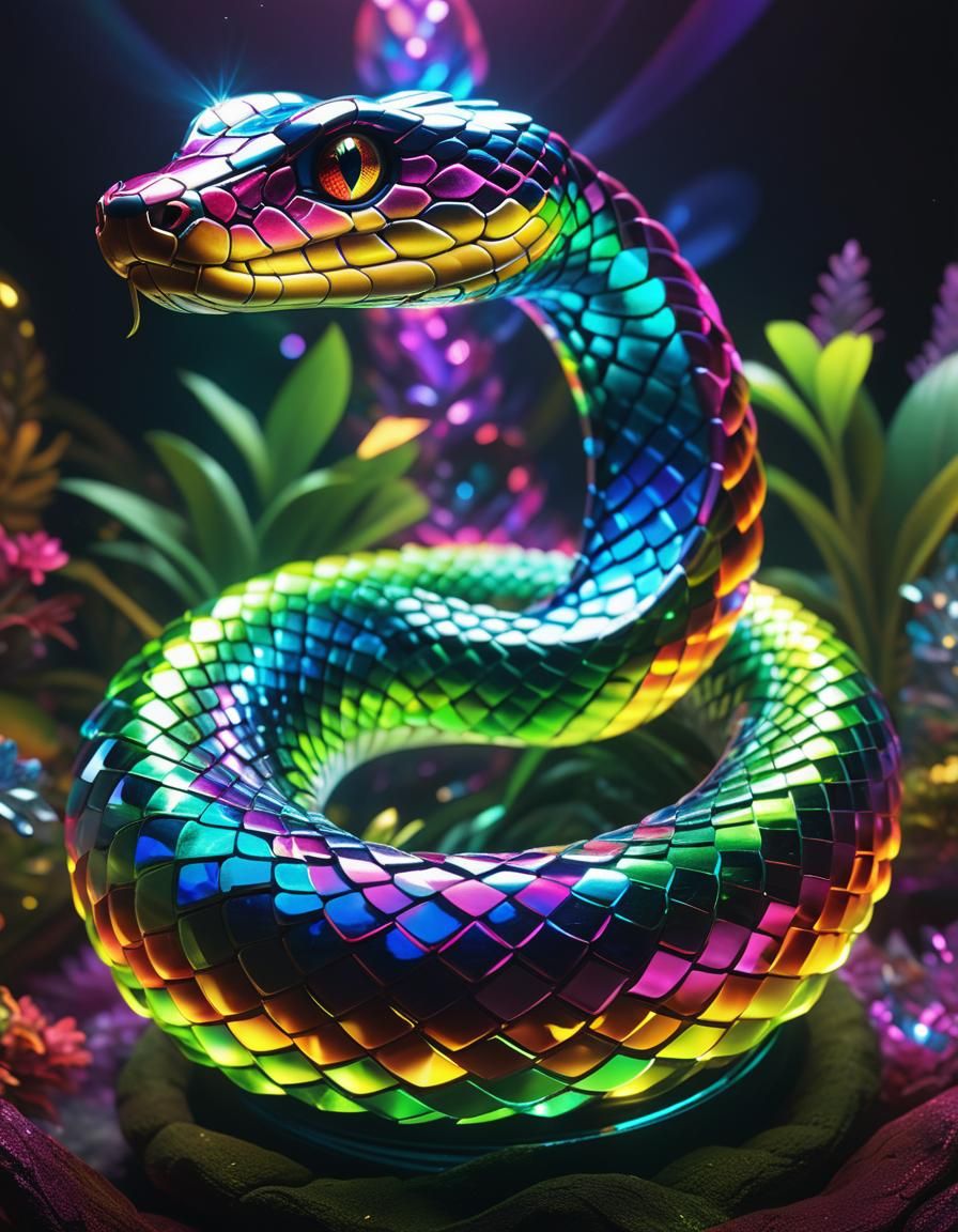 Rainbow Crystal Snake Statue in Japonisme Style