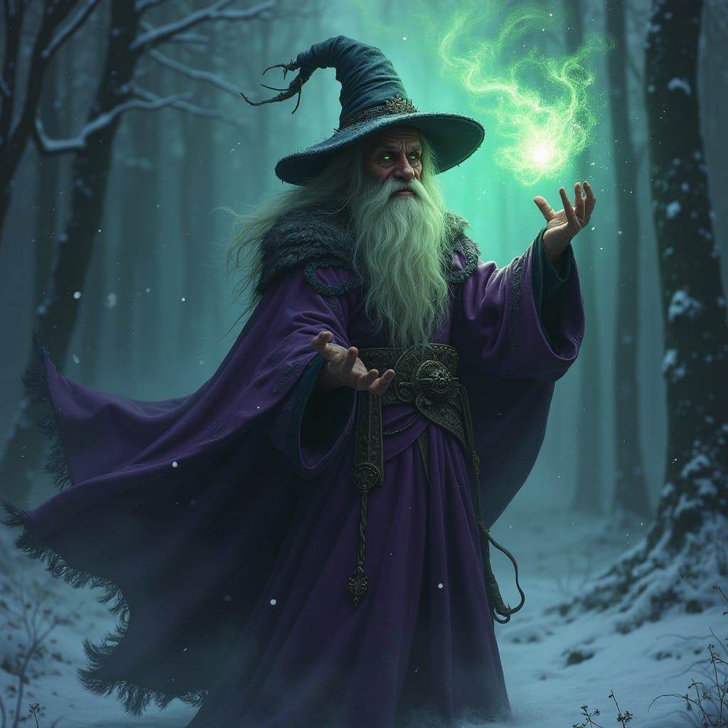 Mage Summons Energy in Snowy Forest
