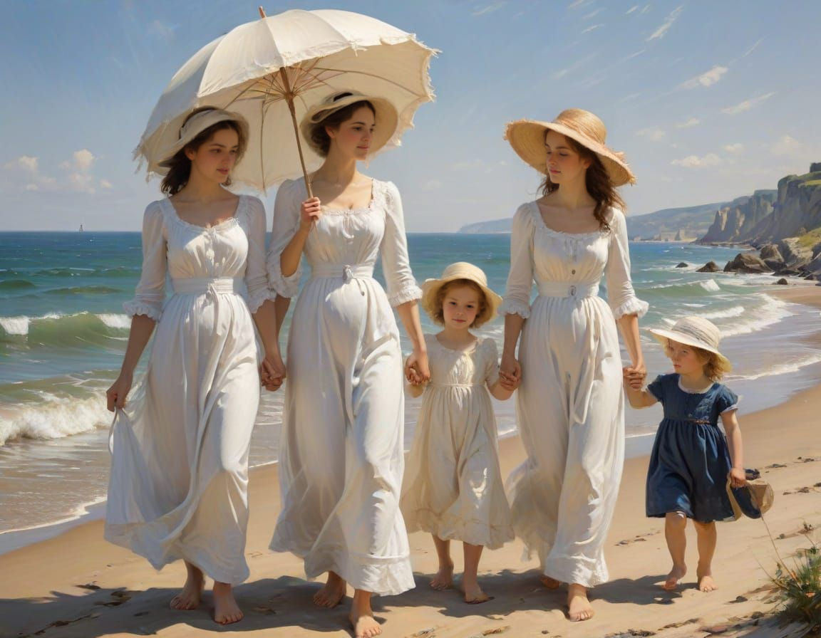 Family Strolls Along the Seaside in Impressionist Oil Painti...