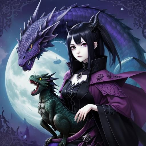 Goth Girl and Dragon in Anime Style