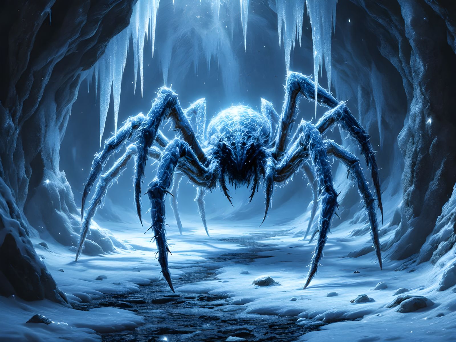 Icy Giant Spider in Dark Fantasy Dungeon