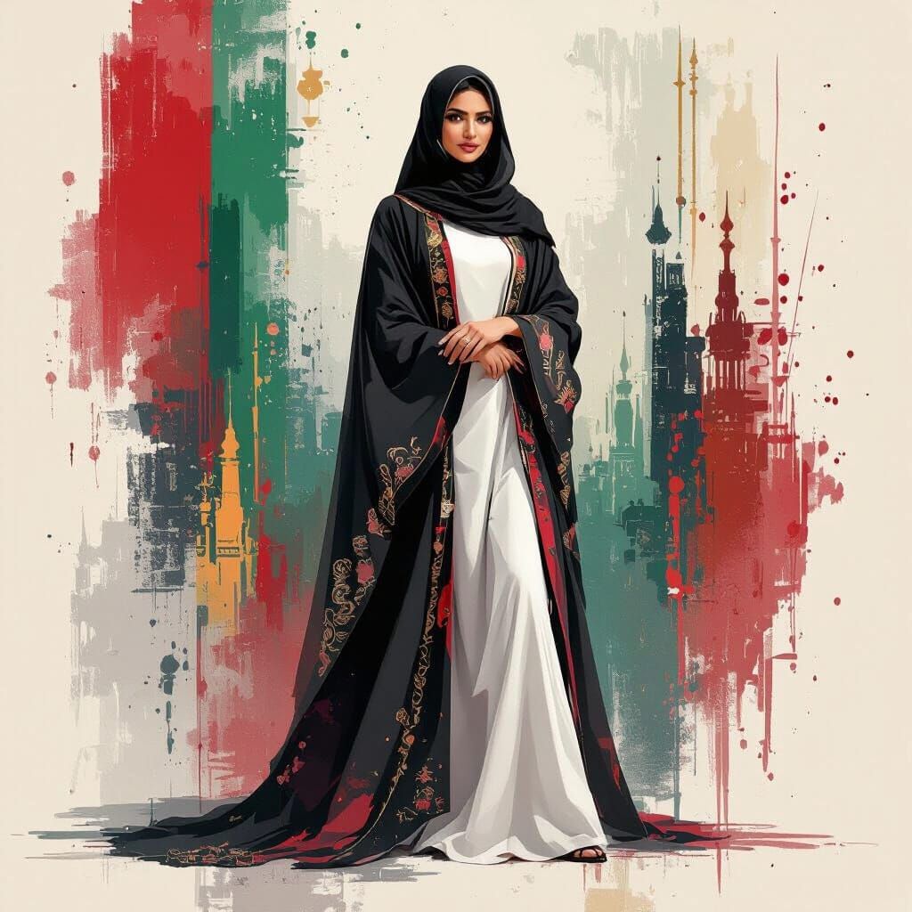 Elegant Emirati Woman in Abaya: Digital Oil Painting