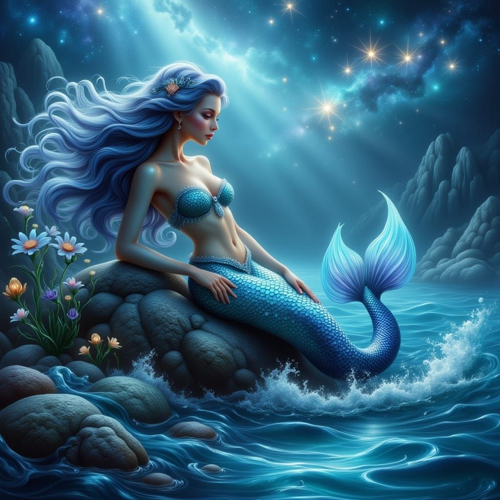 Ethereal Mermaid on Moonlit Beach in Fantasy Style