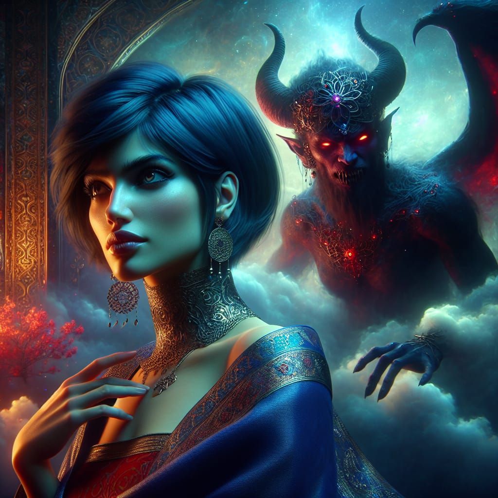 Beautiful woman with short dark blue hair with sinister shad...