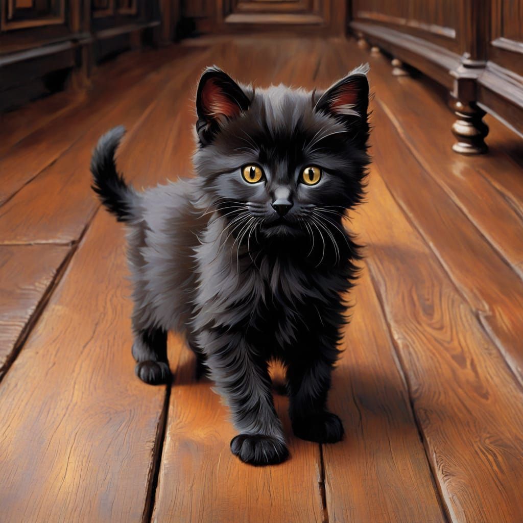 Kitten on Wooden Floor in Whimsical Art Style