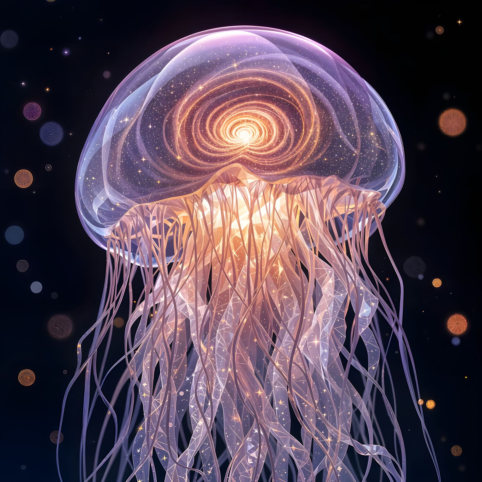 Glass Jellyfish Sculpture with Swirling Galaxy