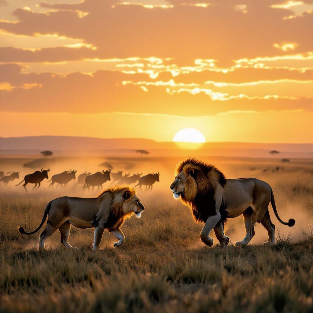 Lions on Savanna at Sunset with Stampeding Wildebeest