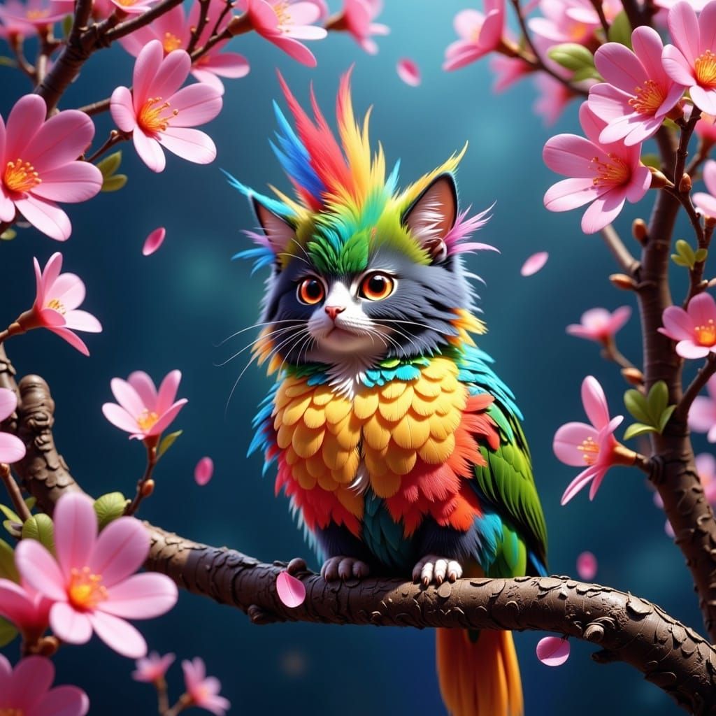 Cat Parrot on Sakura Branch in Digital Art