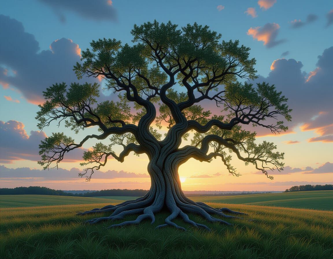 Ancient Oak Tree Roots in Twilight Sky