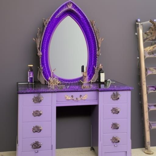 Ethereal Vibrant purple gothic vanity table with huge gothic mirror with cobalt blue accents& good craftsmanship vibes& ...