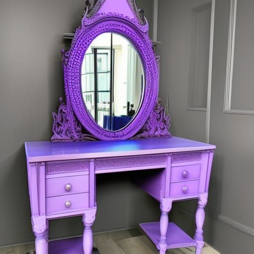 Ethereal Vibrant purple gothic vanity table with huge gothic mirror with cobalt blue accents& good craftsmanship vibes& ...