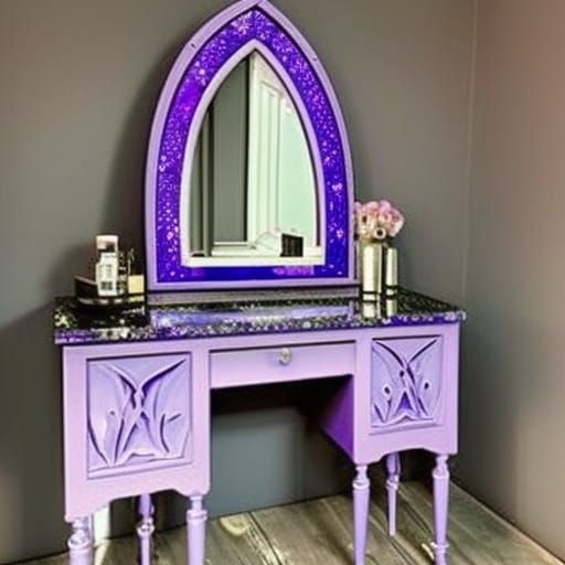 Ethereal Vibrant purple gothic vanity table with huge gothic mirror with cobalt blue accents& good craftsmanship vibes& ...