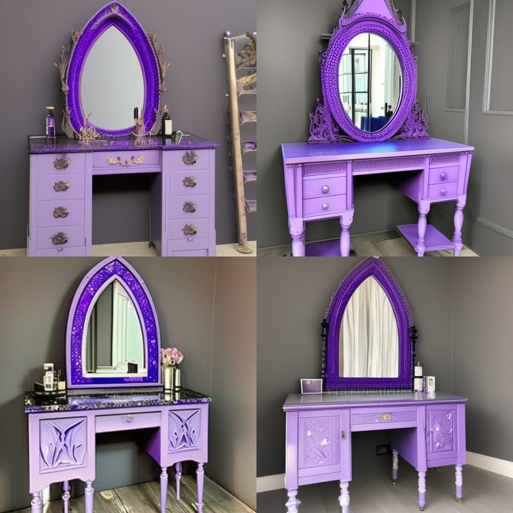 Ethereal Vibrant purple gothic vanity table with huge gothic mirror with cobalt blue accents& good craftsmanship vibes& ...