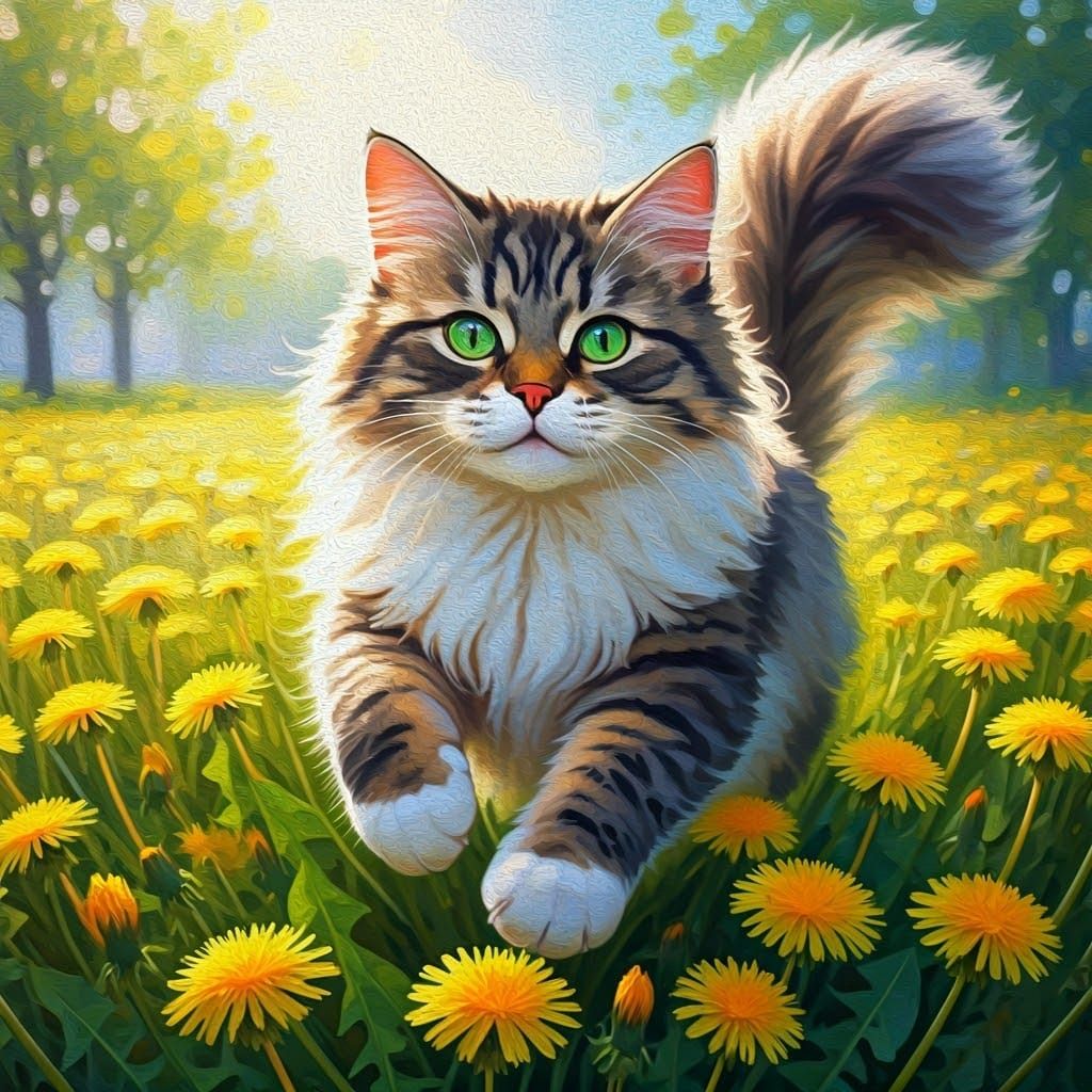 Whimsical Cat in a Dandelion Field
