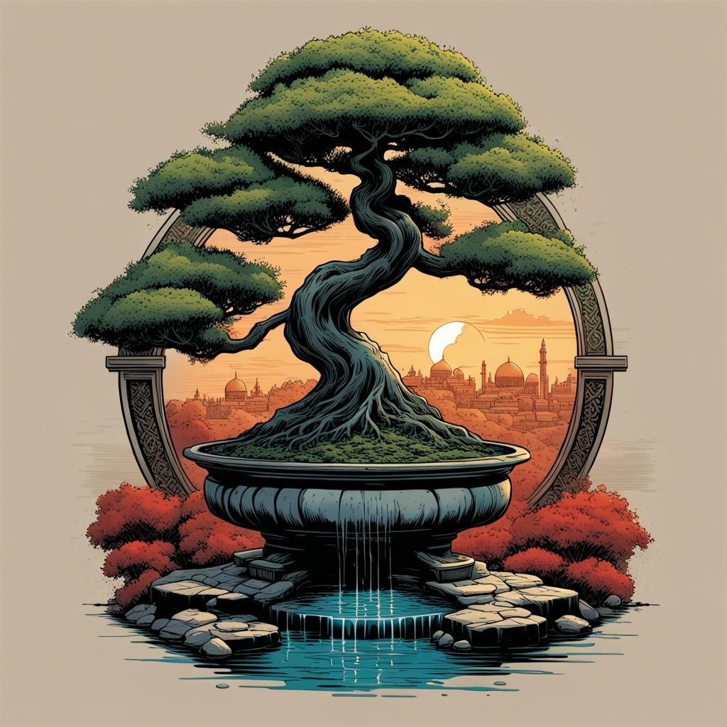 Al-Aqsa Bonsai T-Shirt Design in Comic Style