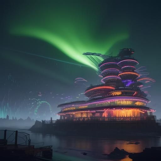 Neon Amusement Park at Night in Sci-Fi Style