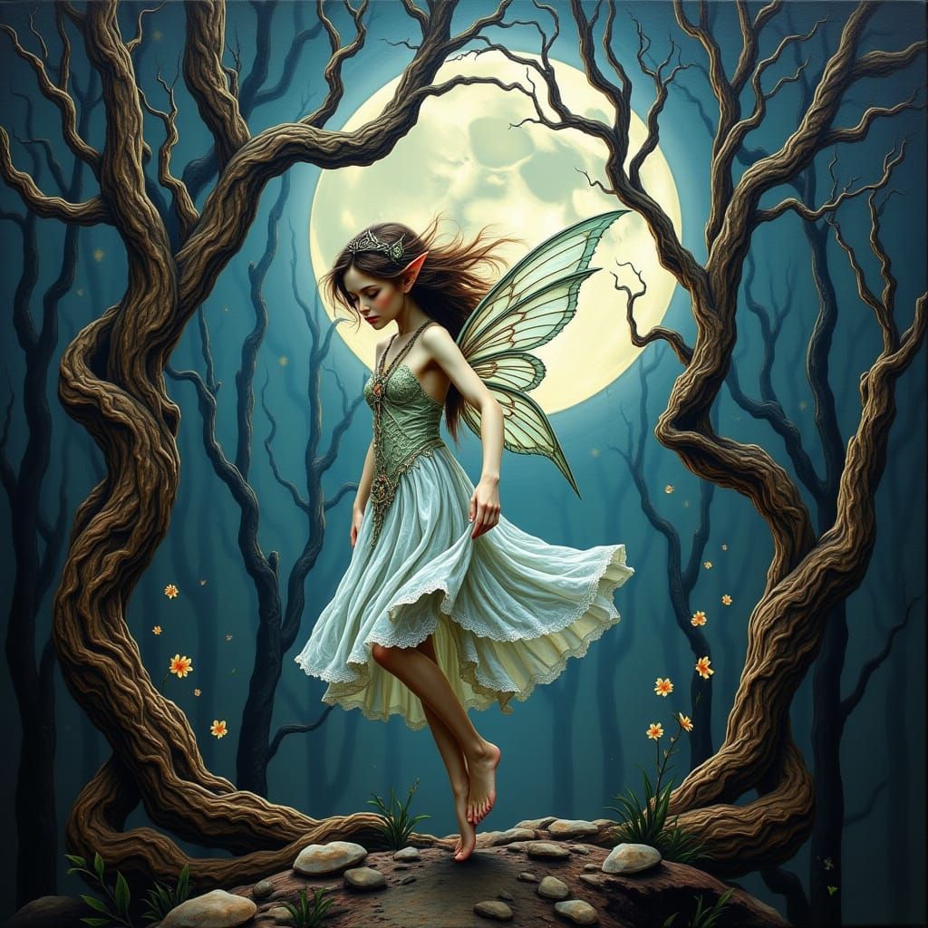 Enchanted Gypsy Fairy Dances Under Starry Moonlit Forest