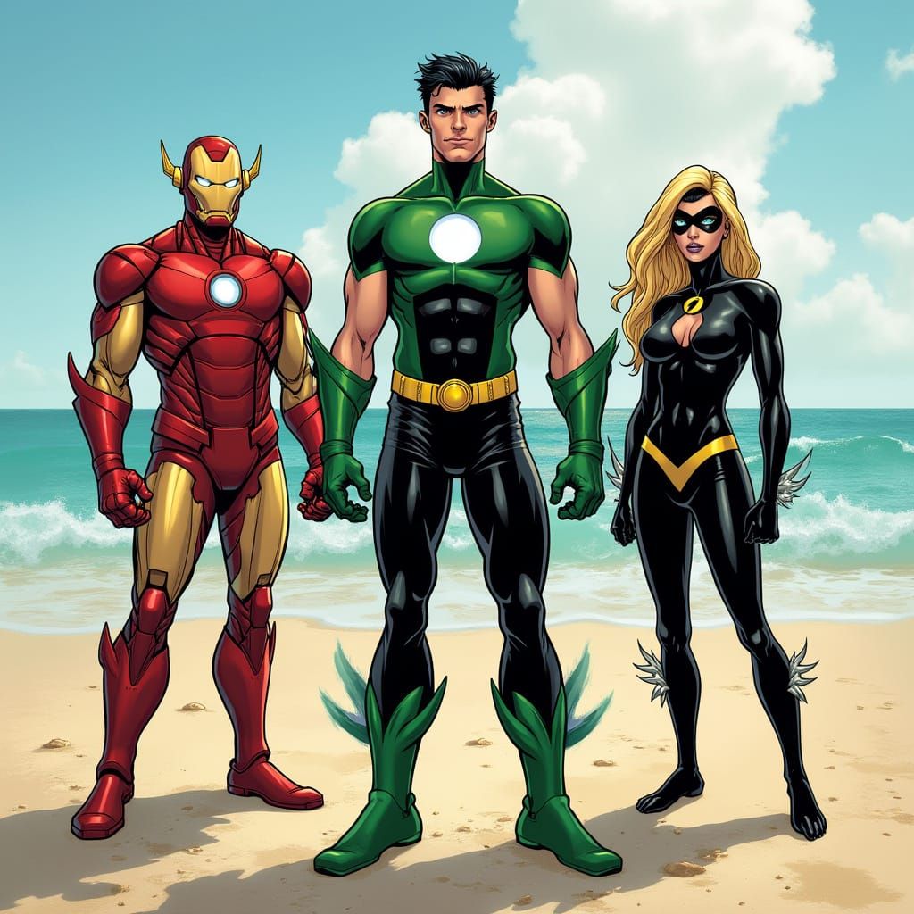 Namor and Superheroes on Beach Comic Art