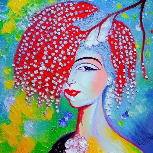 Silver-Haired Queen Under Cherry Trees as Impasto Painting