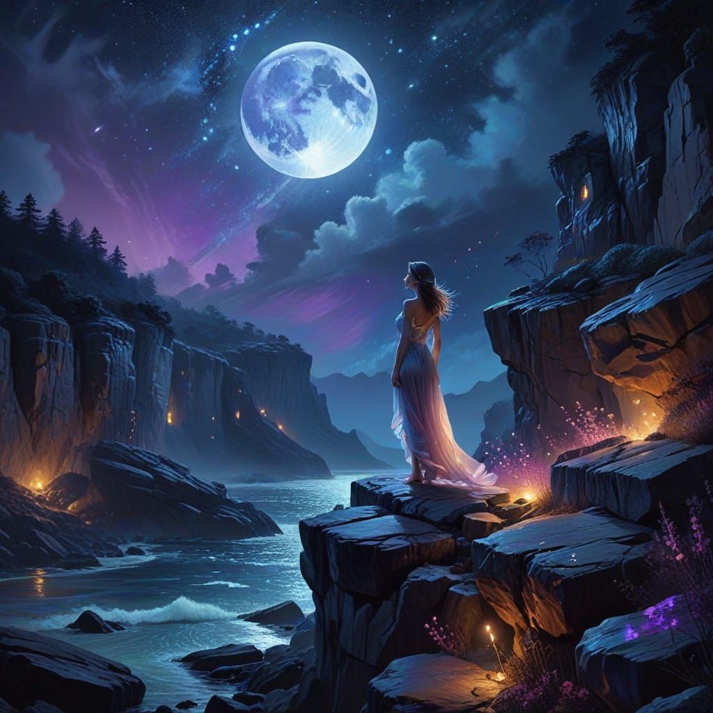 Dreamy Woman Under the Starry Night Sky