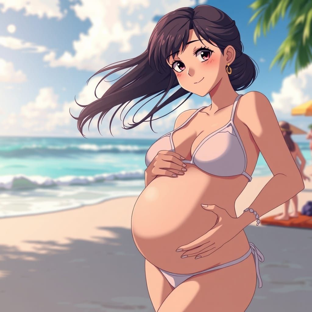 Anime Woman with Pregnancy Belly on Beach