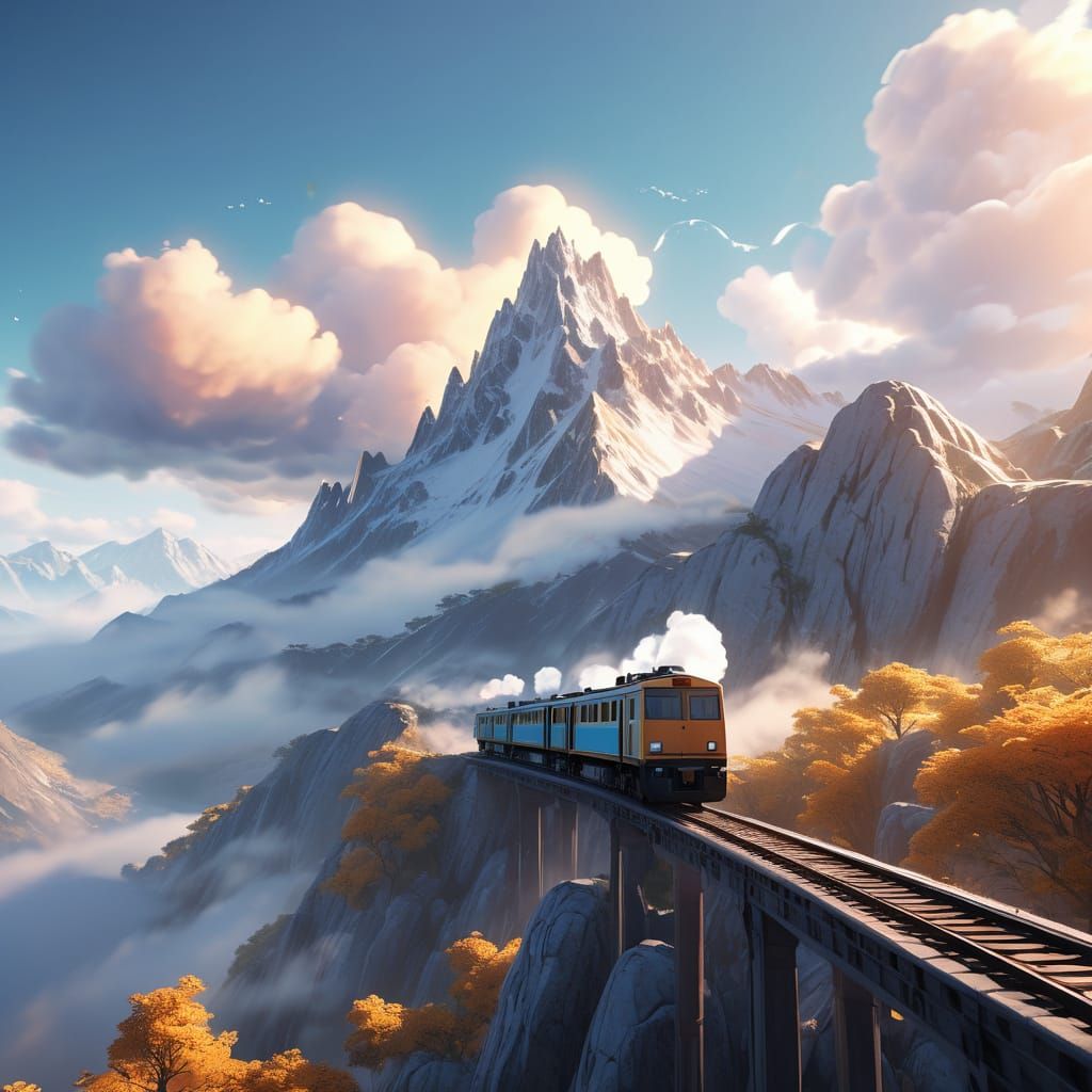 Whimsical Anime Train Chugs into Watercolor Clouds