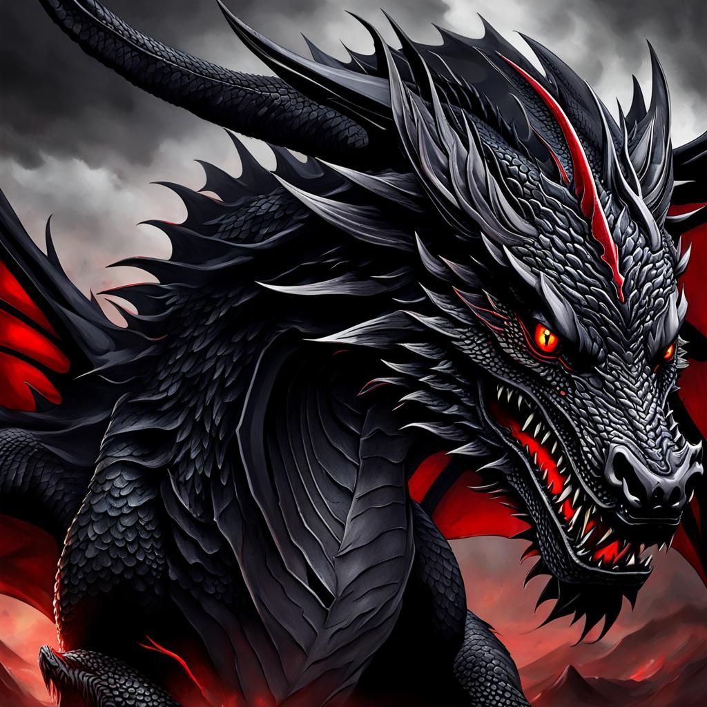 Ferocious Black Dragon with Red Eyes