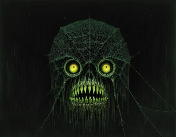 Grotesque Multi-Eyed Creature in Dark Room