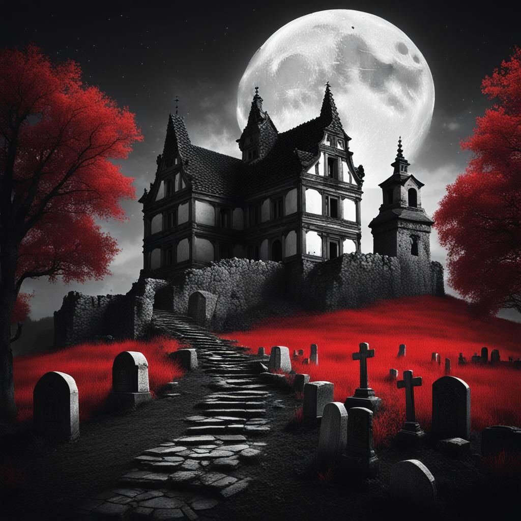 Sinister Ruined Bavarian Mansion Under Moonlight