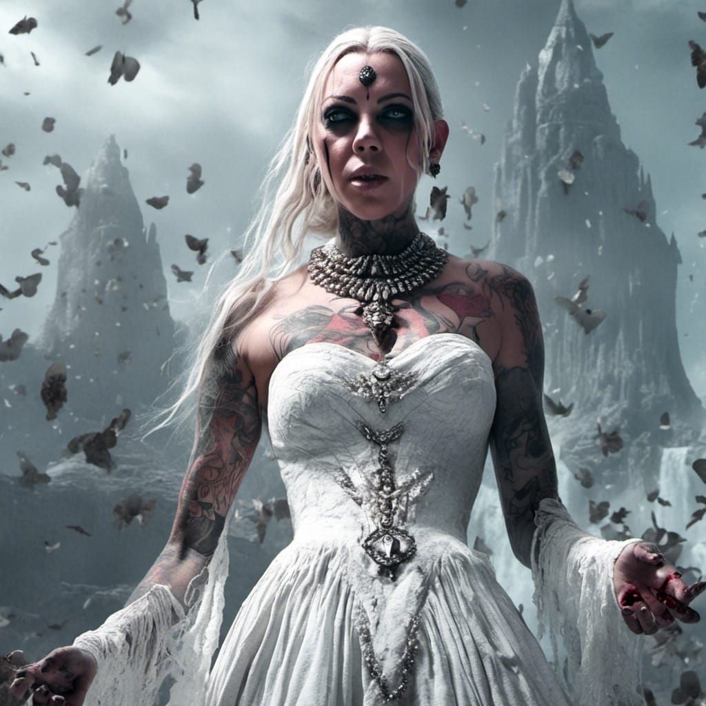 Powerful Sorceress Conjuring Magic in White Dress