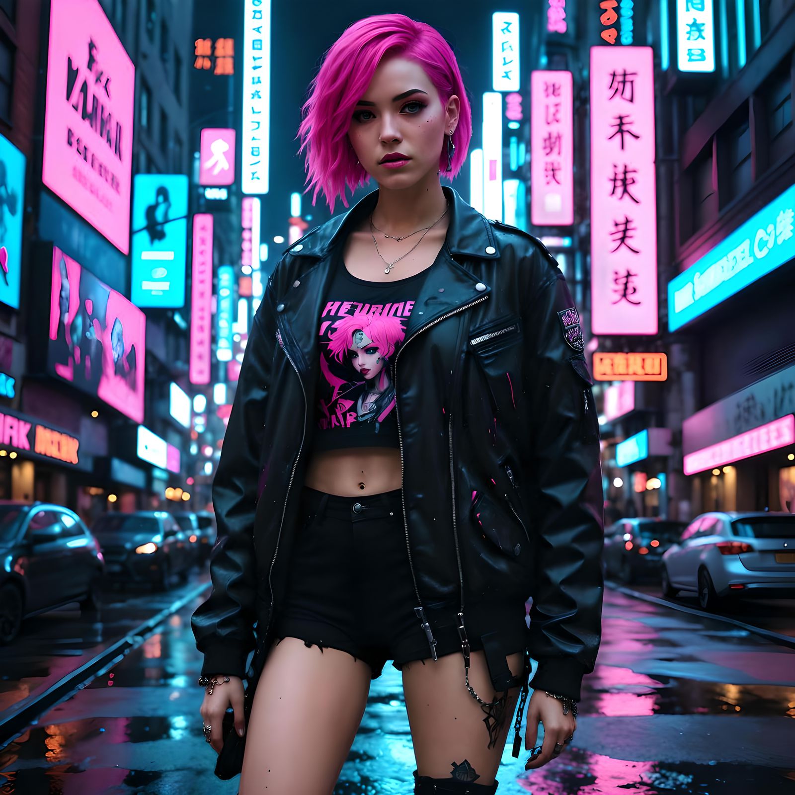 A  neon punk pink  haired woman girl standing in a entertain...