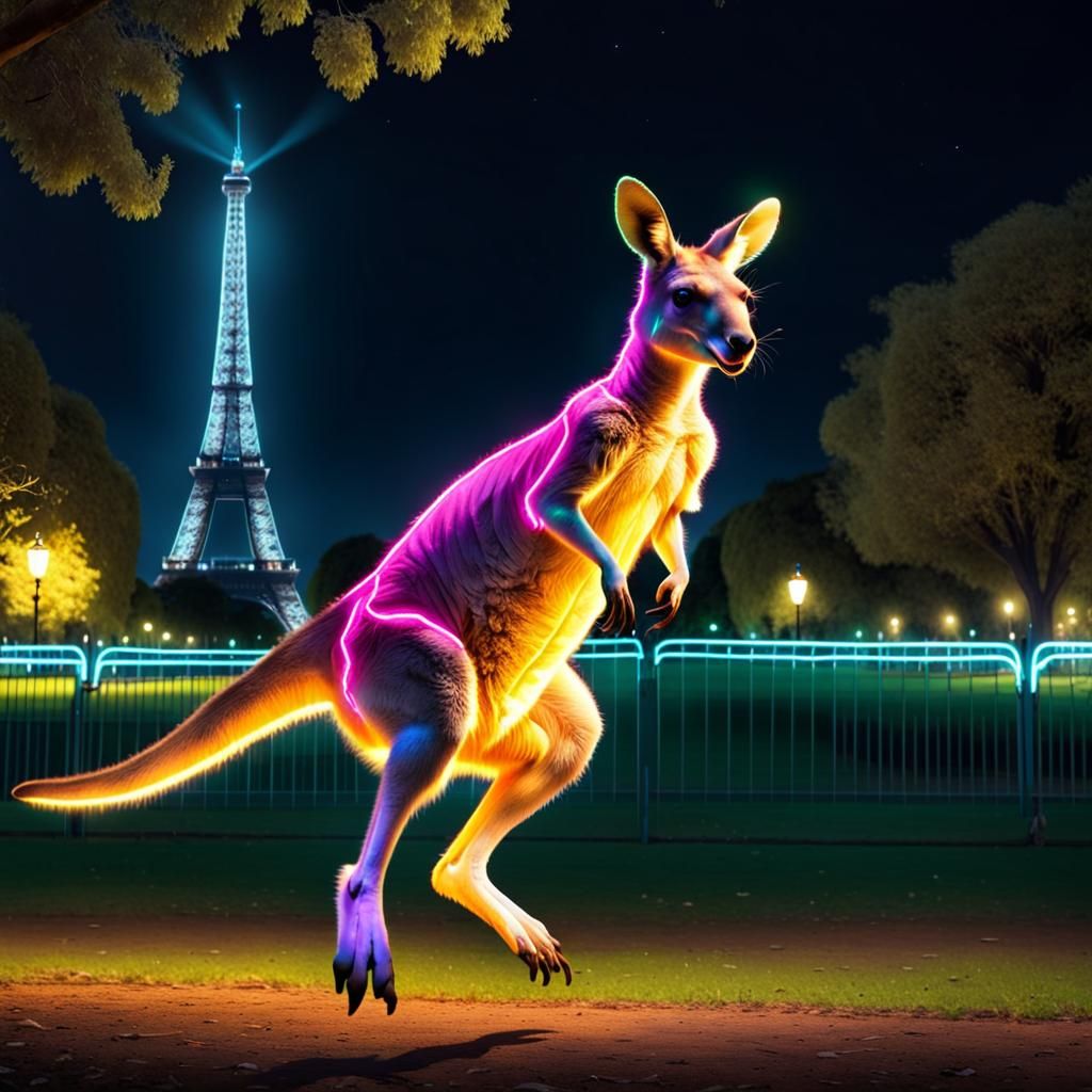 Neon Horror Kangaroo Jumps Fences in Paris